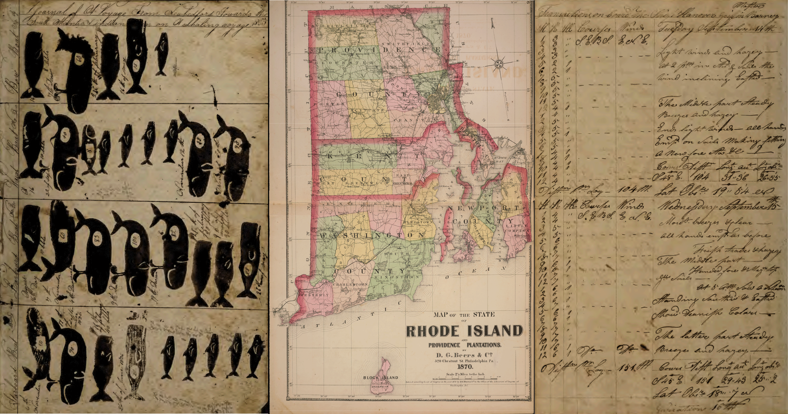 Three images span the width of the screen. At left, a yellowed page from a whaling log depicitng whale-shaped stamps. At center, a map of rhode island from 1870. At right, a page out of a whaling log with script.